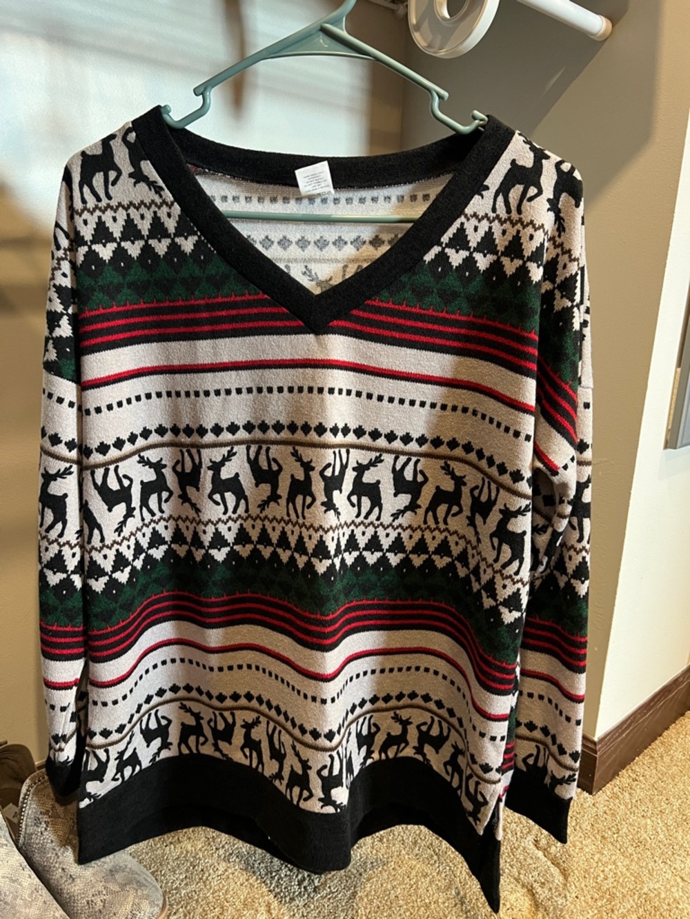 Sew In Love V-Neck Reindeer Sweater in Cream, Black, Green & Red
